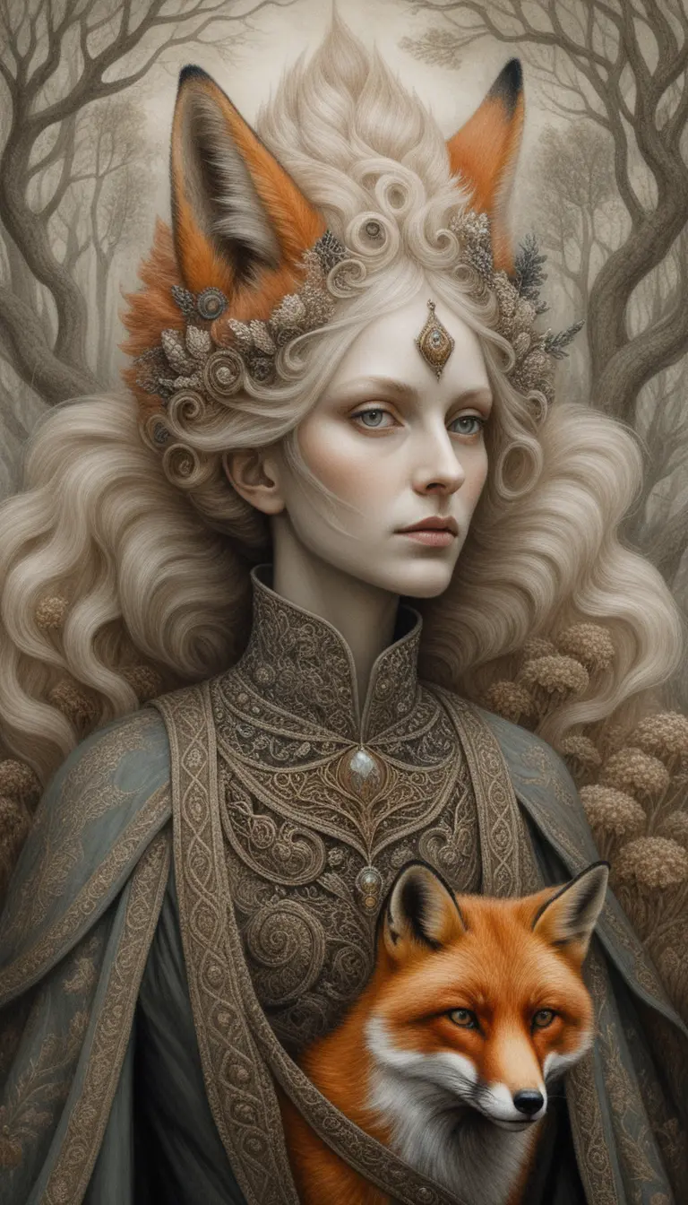 Fantasy fox woman in flowing hair oil painting