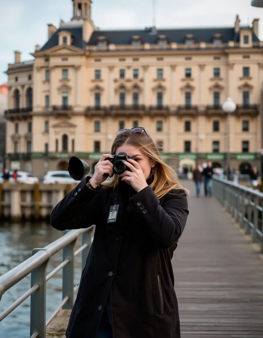 Woman photographing a historic building from a city pier