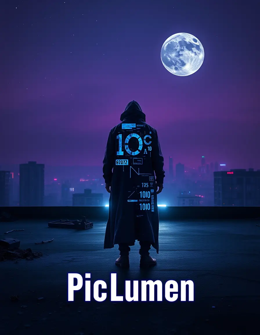 Lone figure on neon lit rooftop at violet dusk
