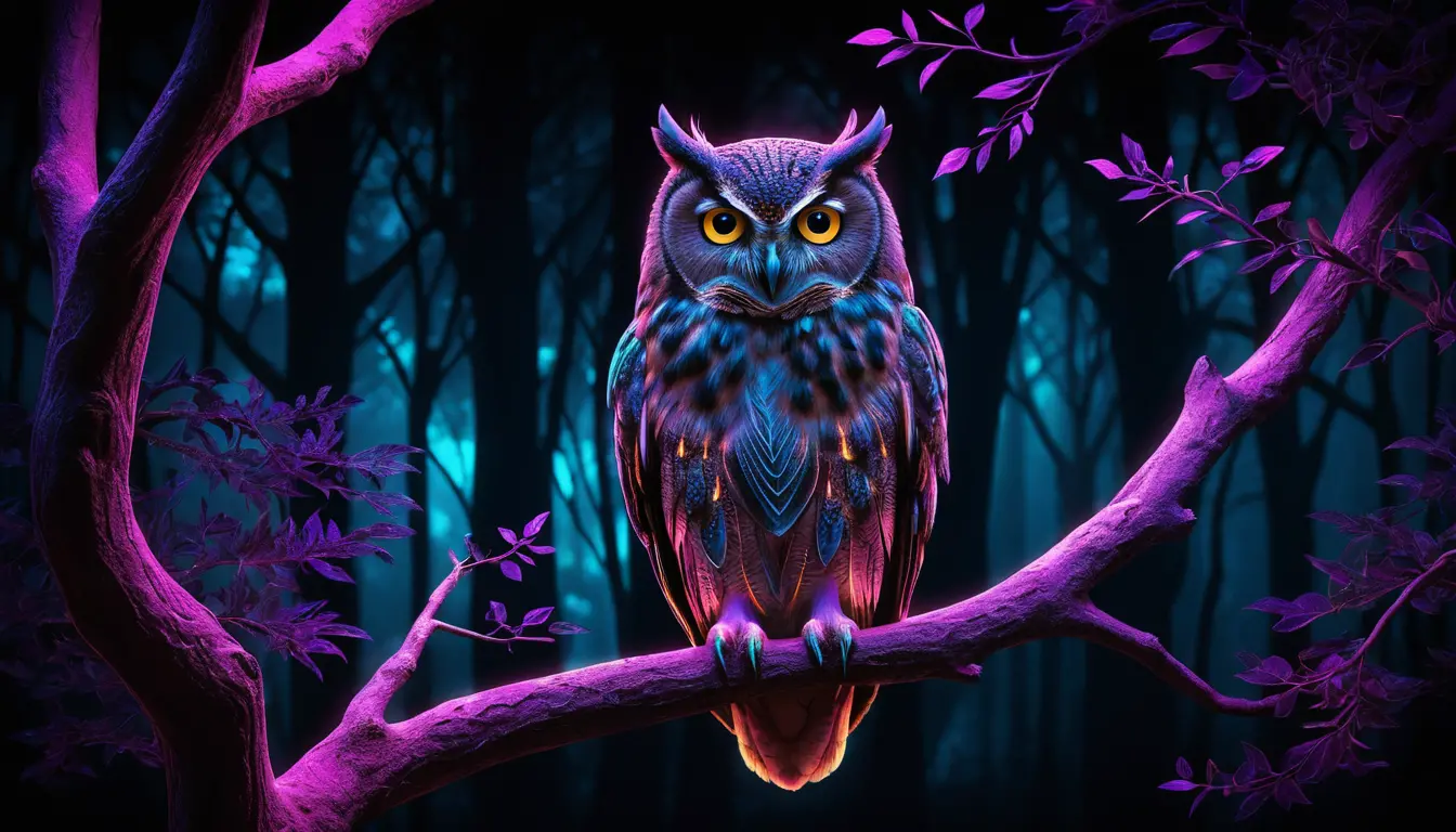 Mystical Neon Owl Glowing Against A Dark Forest Background