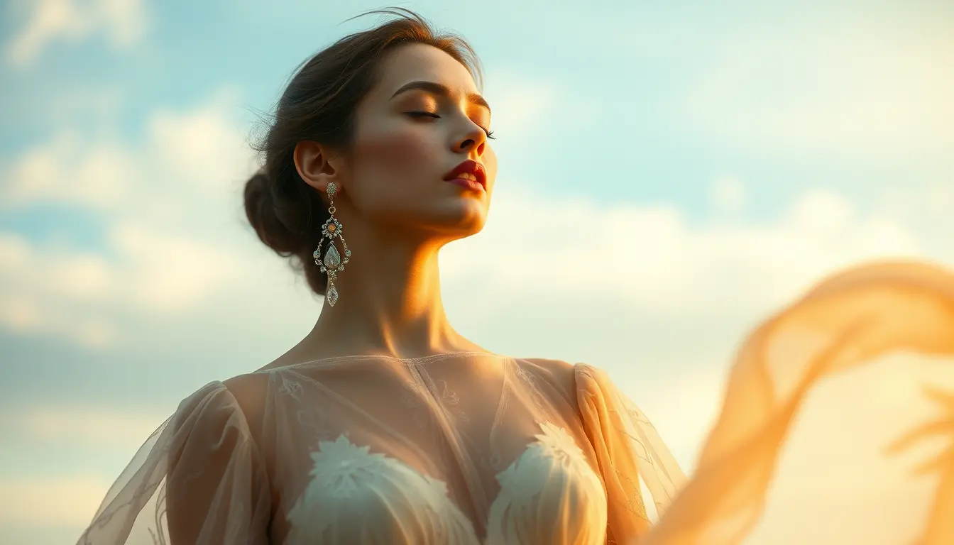 Calm woman in sheer dress under soft spring sky