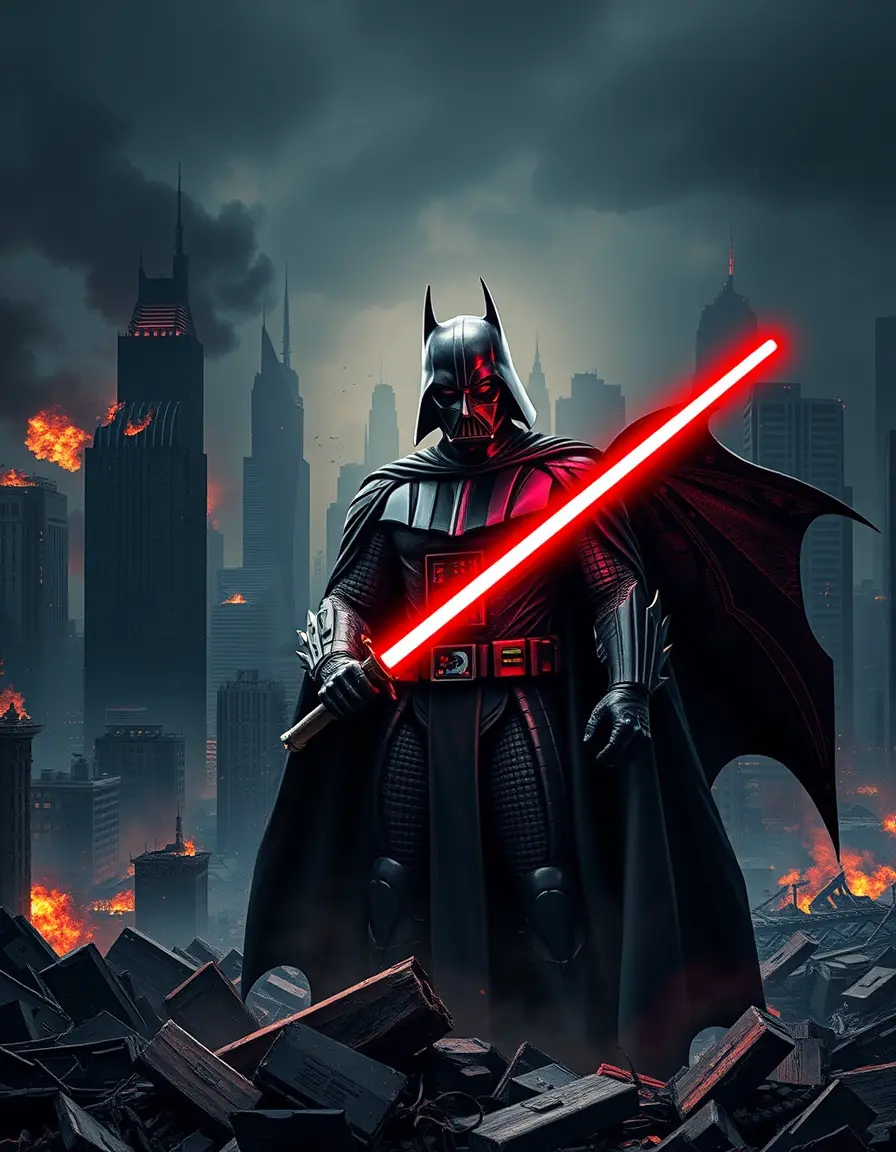 Dark warrior rising over the ruins of Gotham City