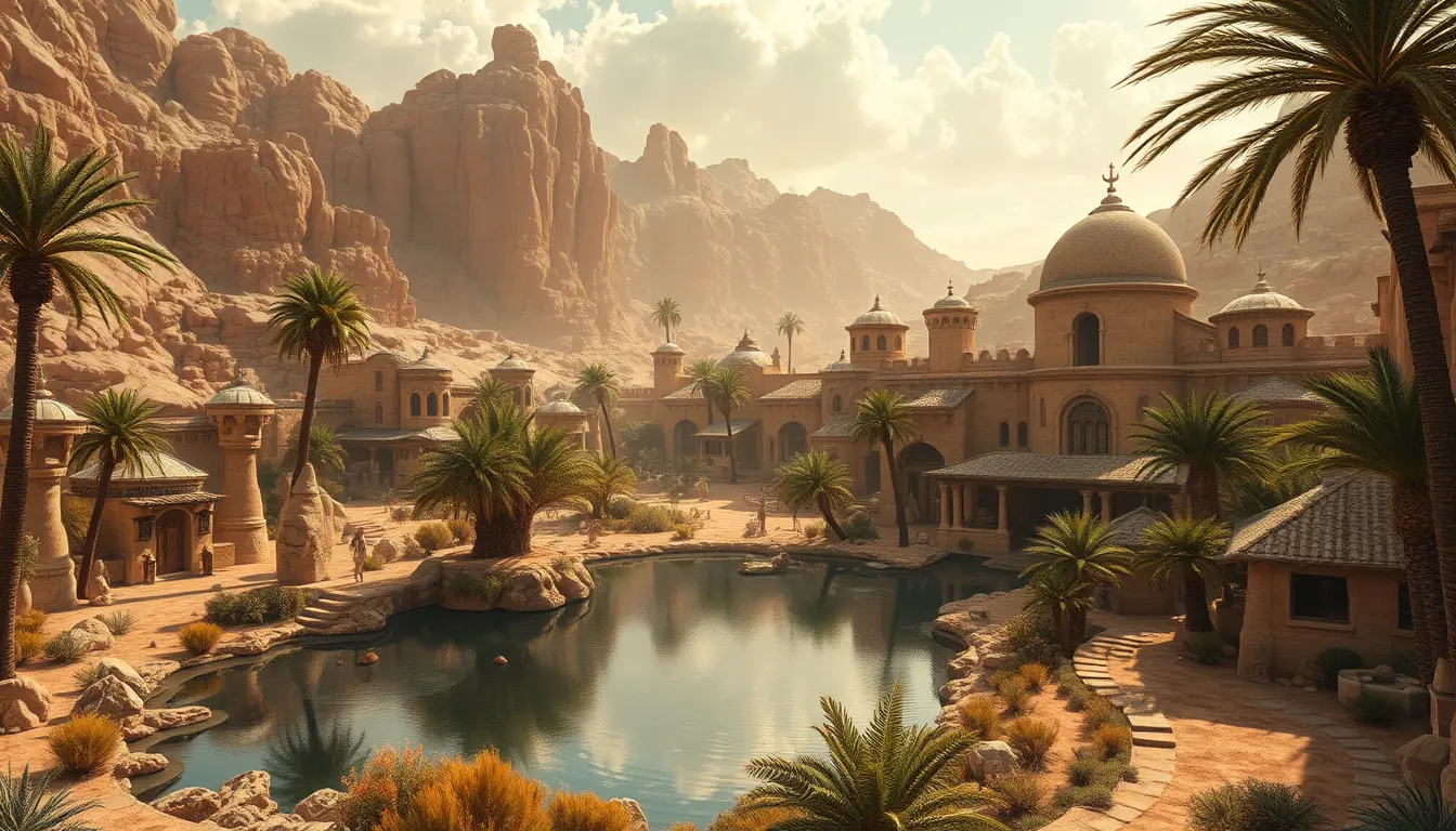 Fantasy oasis village beside a tranquil desert lake