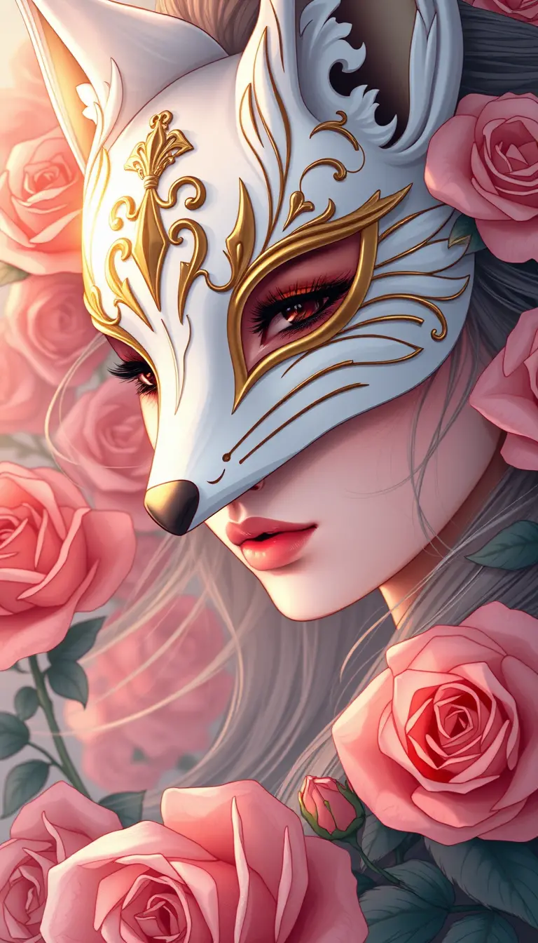 Masked girl amidst roses in soft dawn light