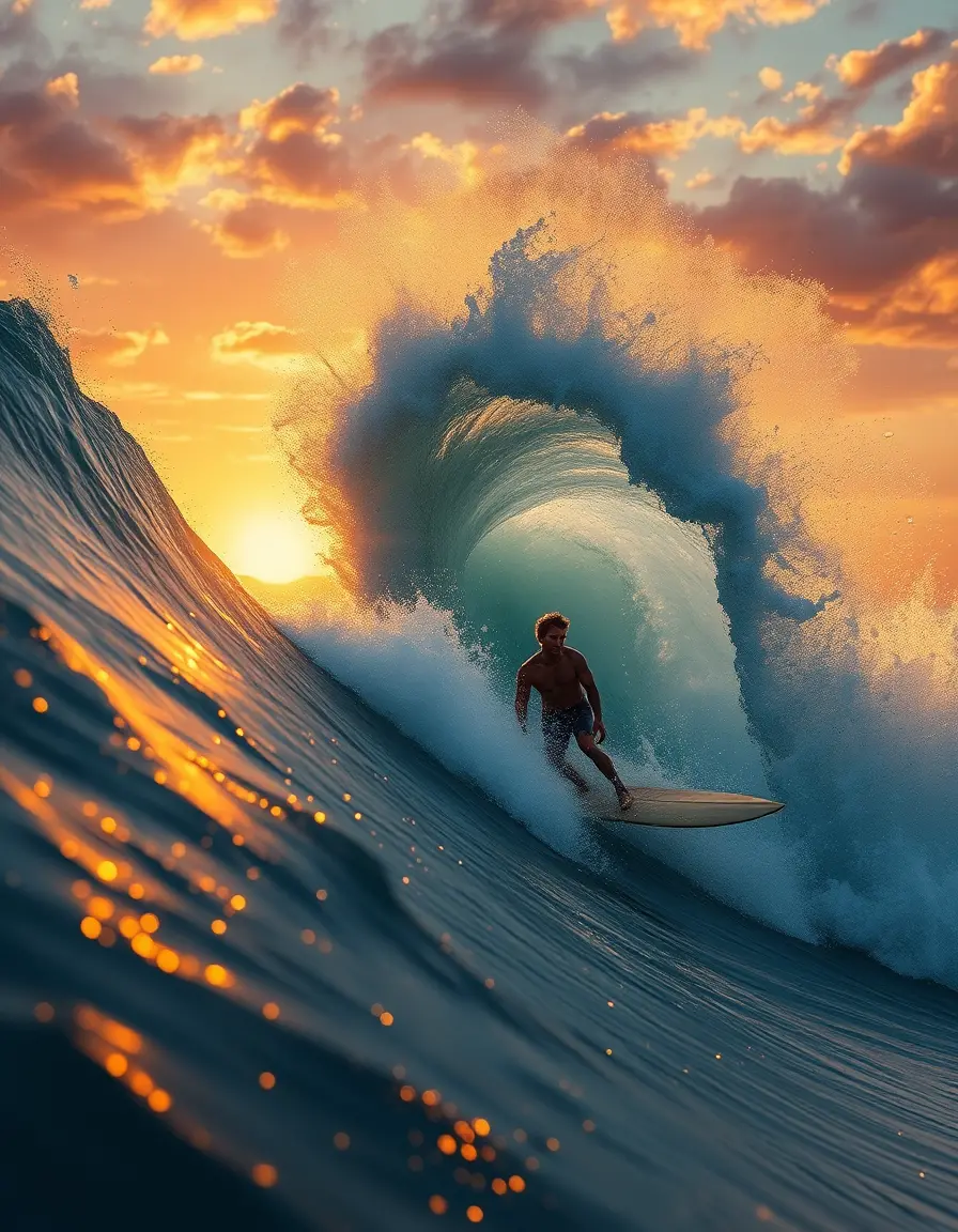Surfer riding a gigantic sunset wave in golden light