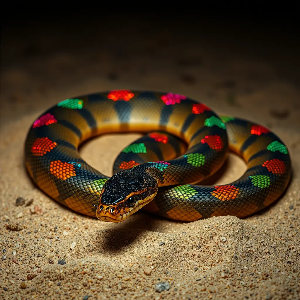Glowing King Cobra With Colorful Coils In Desert Sand