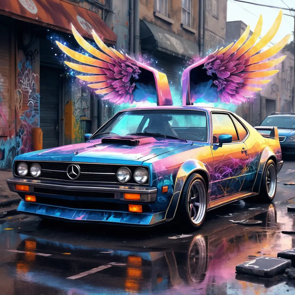 Winged cars in colorful graffiti digital illustration