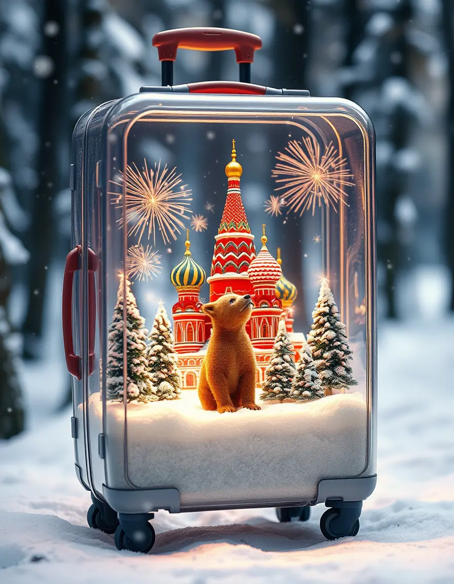 Magical winter suitcase with bear and miniature cathedral