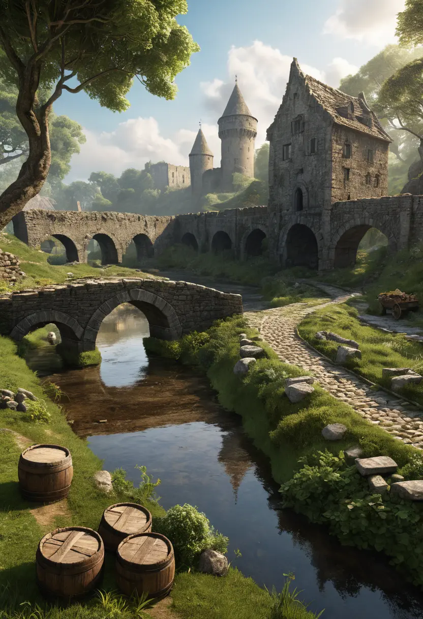 Ancient Medieval Castle Above Ruined Countryside Landscape