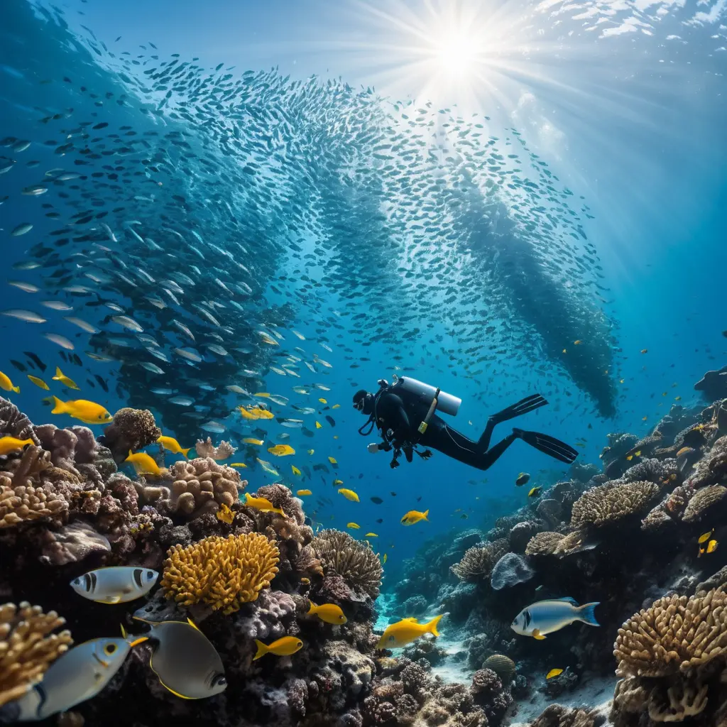 Scuba diver swimming among fish in clear blue ocean