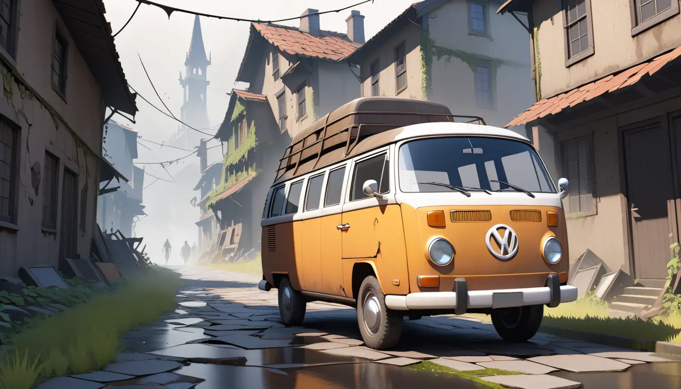 Rusty broken van in a dark foggy abandoned village