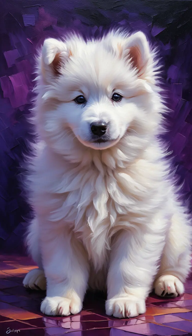 Samoyed puppy in warm light on deep purple background