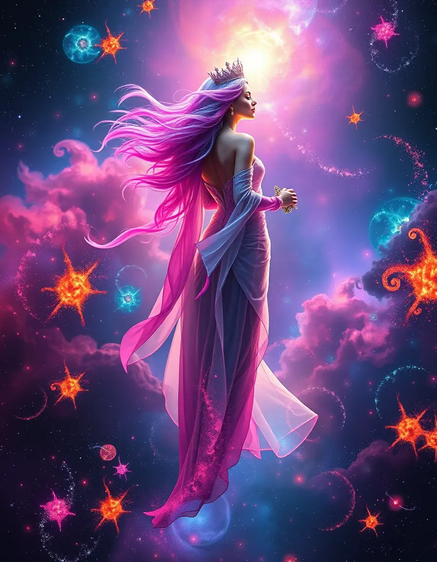 Celestial empress walking through vibrant cosmic space