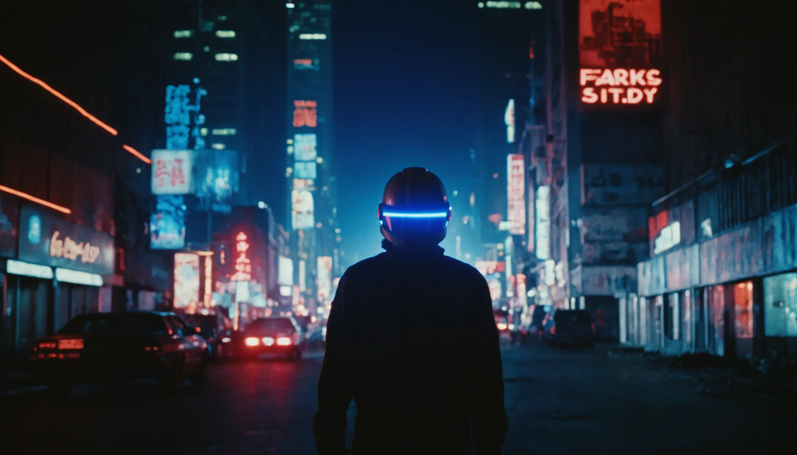 Woman in fractured neon city before glitching skyline