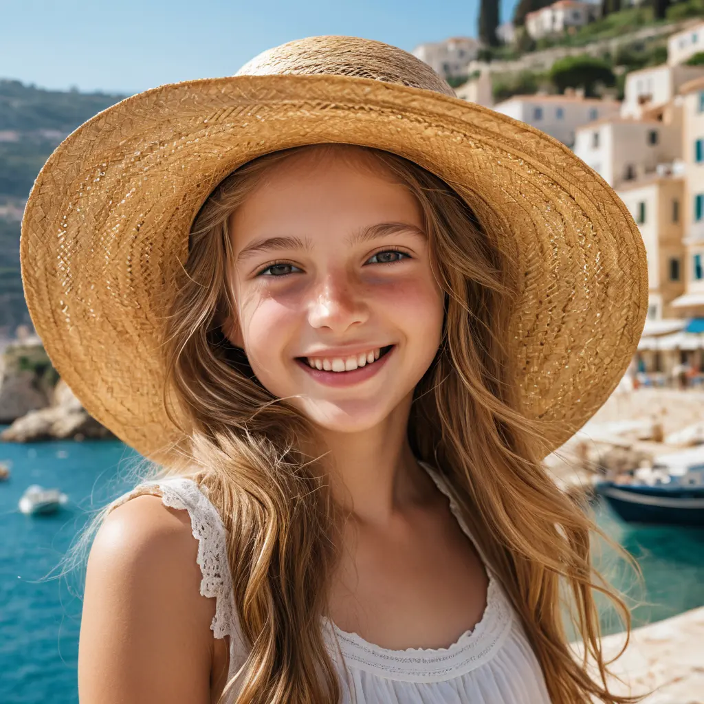 Adolescente sonriente con sombrero de paja en una calle mediterránea