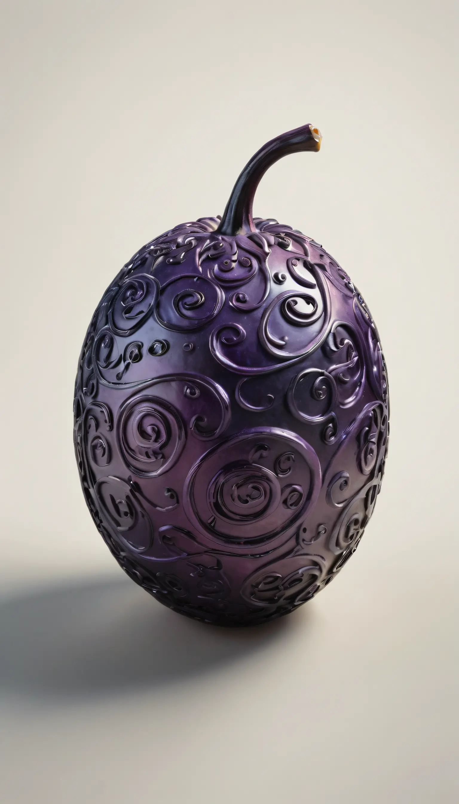 Glowing fantasy devil fruit with swirling purple ink patterns