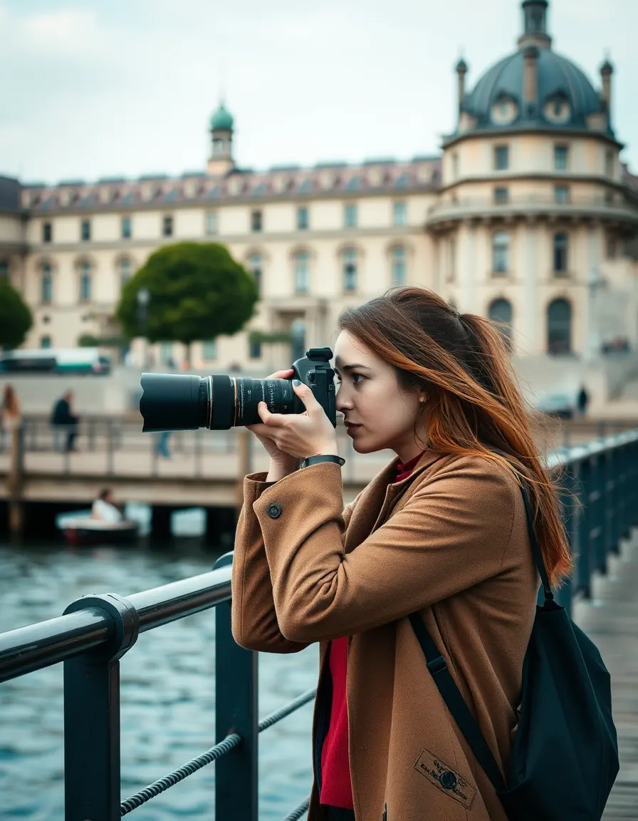 Woman photographing on a pier by a historic city building