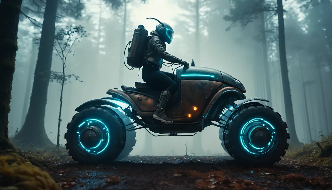 Young rider on beetle machine in cyberpunk forest