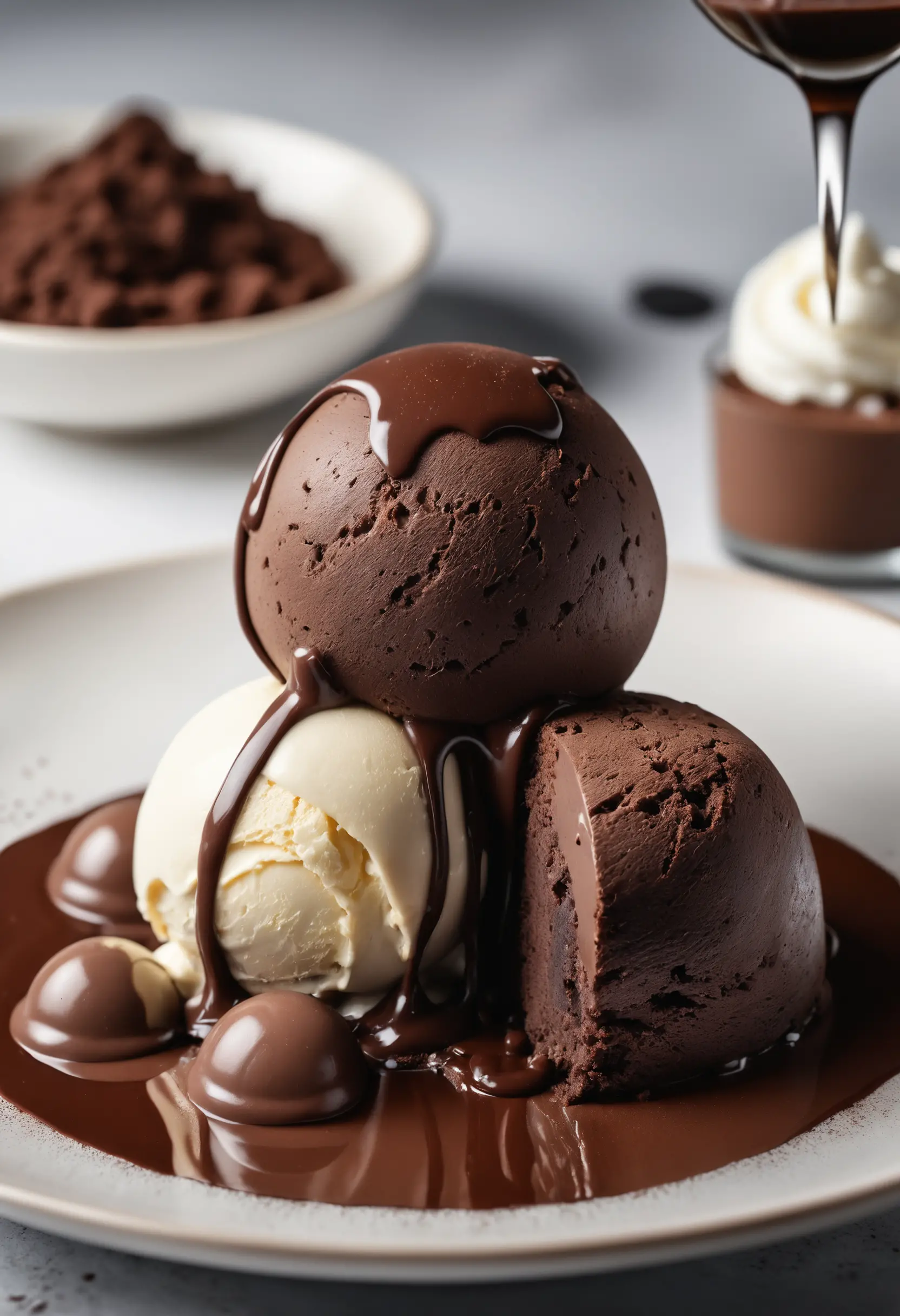 Deconstructed chocolate dessert with vanilla ice cream scoop