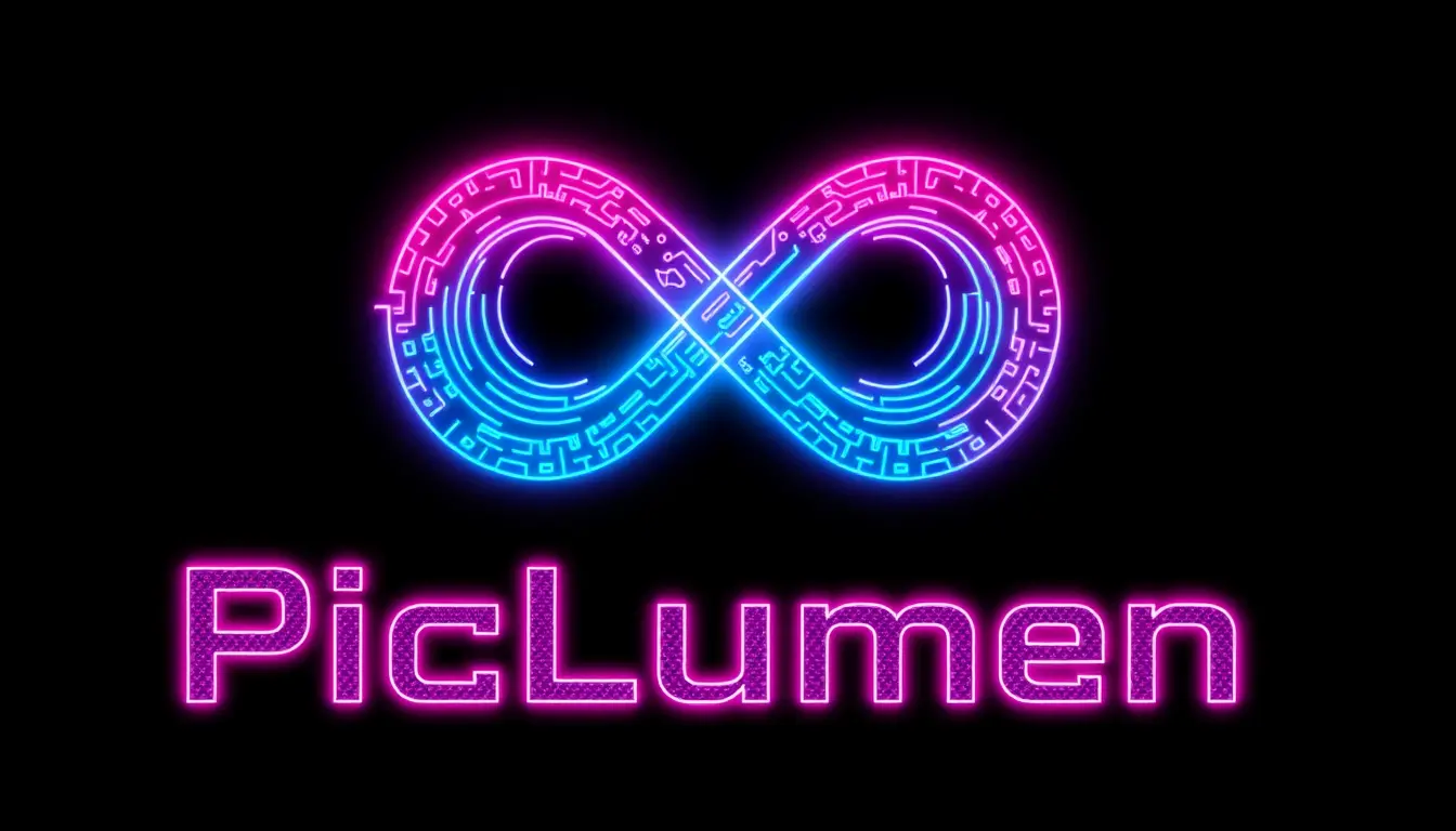 Cyberpunk PicLumen logo with neon infinity symbol