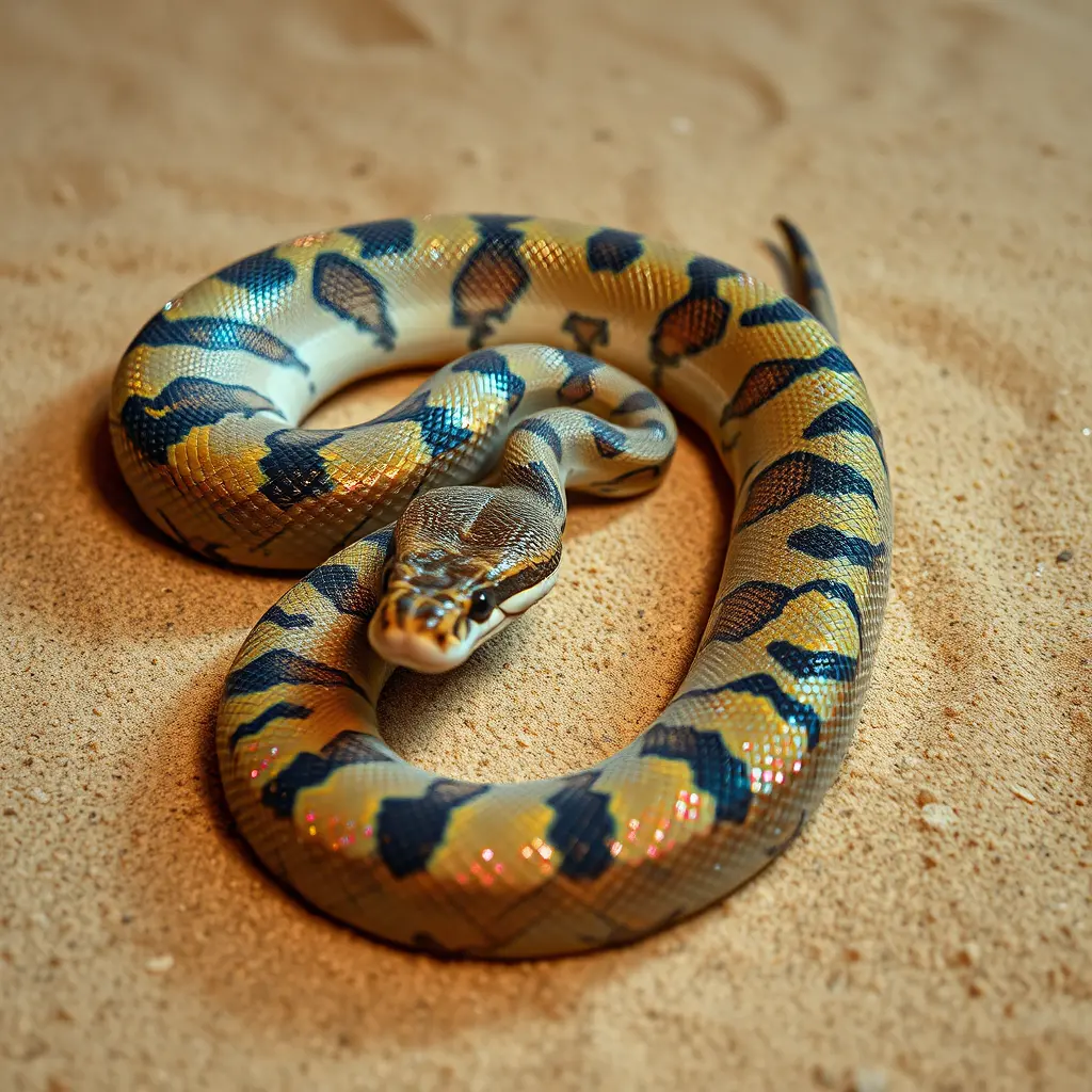 Colorful python snake coiled on sandy ground from above