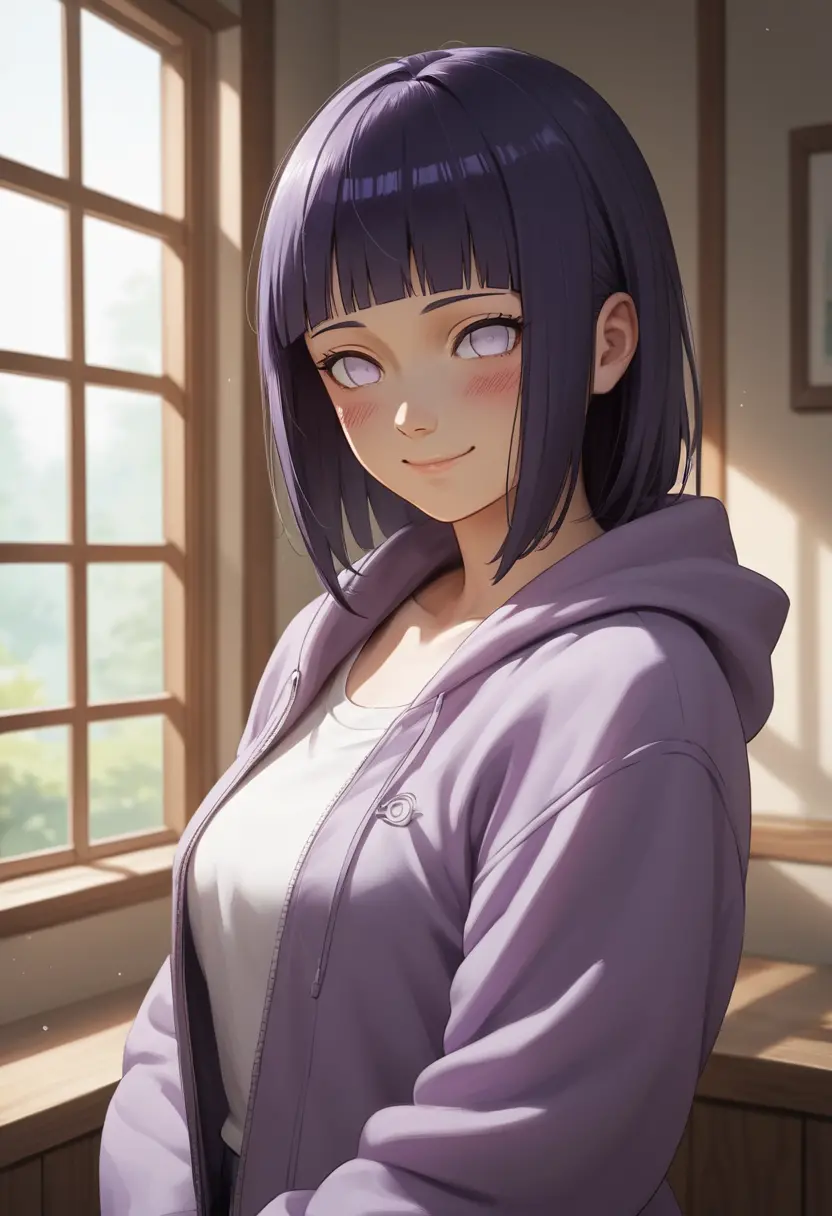 Smiling anime girl portrait in a bright indoor room