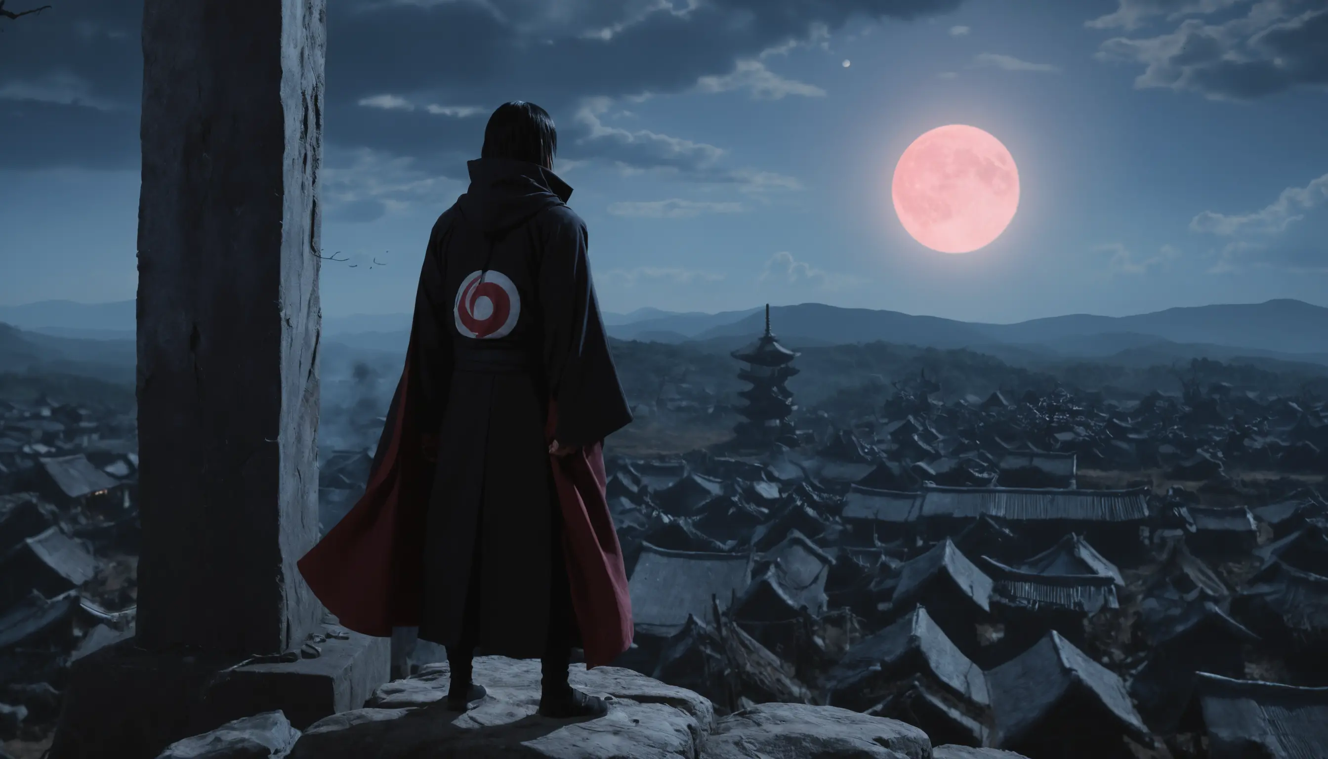 Anime warrior on a stone pillar under a full moon