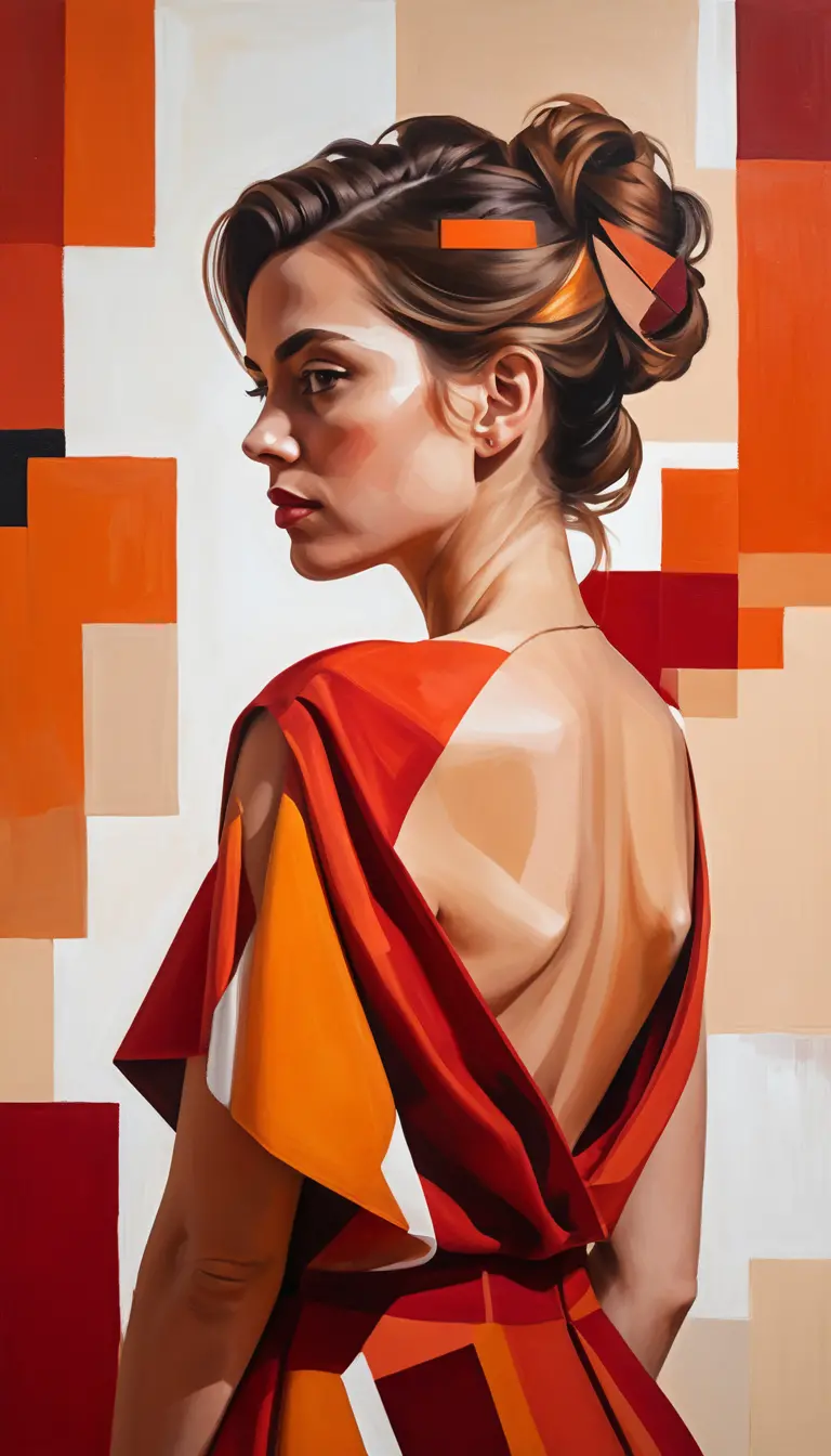 Abstract portrait of a woman in a red geometric dress
