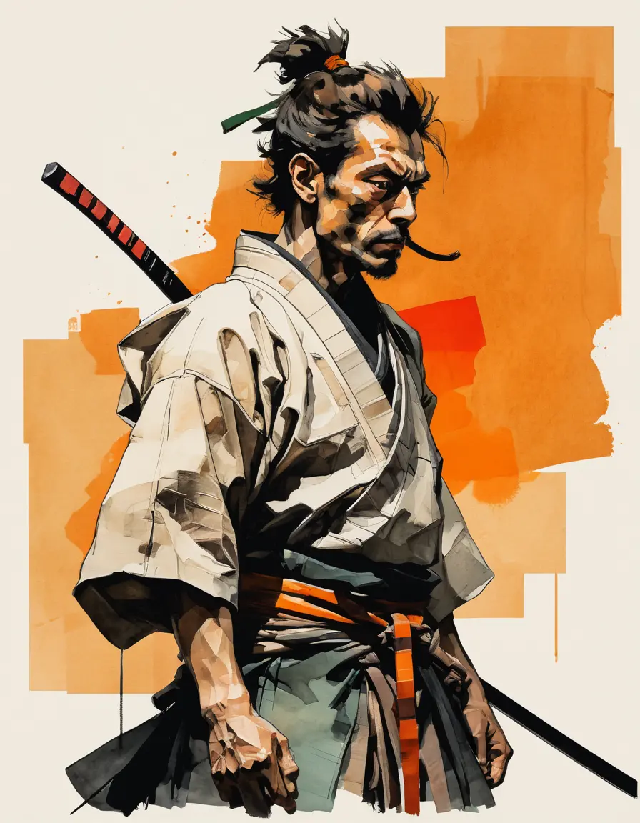 Samurai warrior in traditional kamishimo on orange background