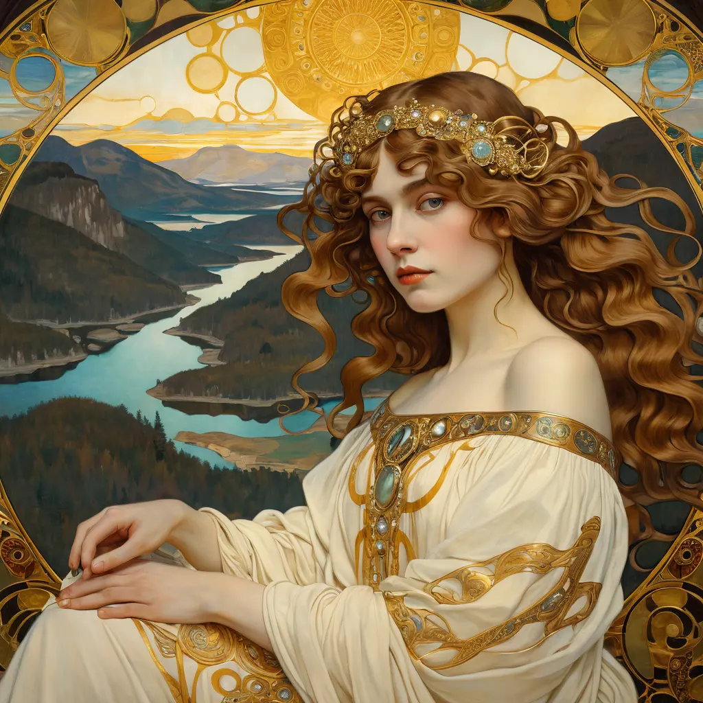 Ethereal woman with liquid gold hair in surreal landscape