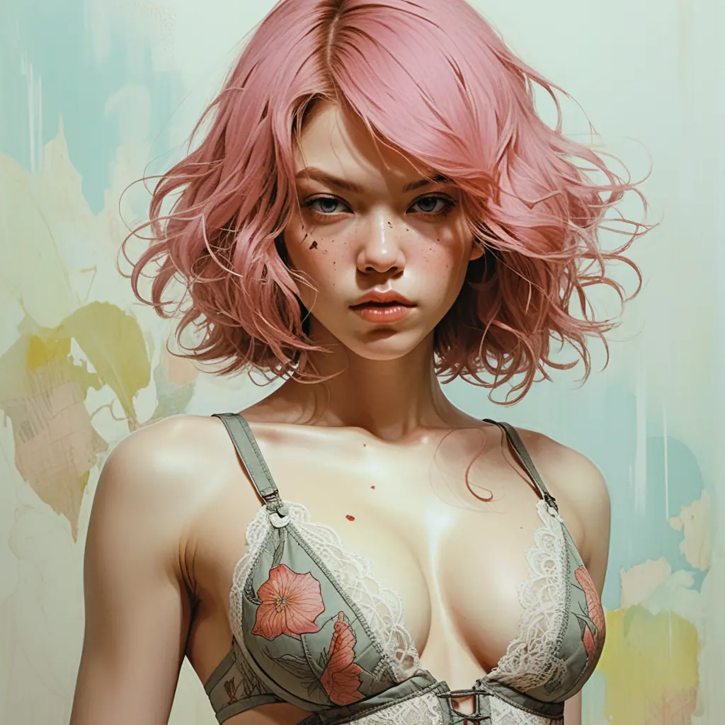 Young girl in lace lingerie with anime tattoos
