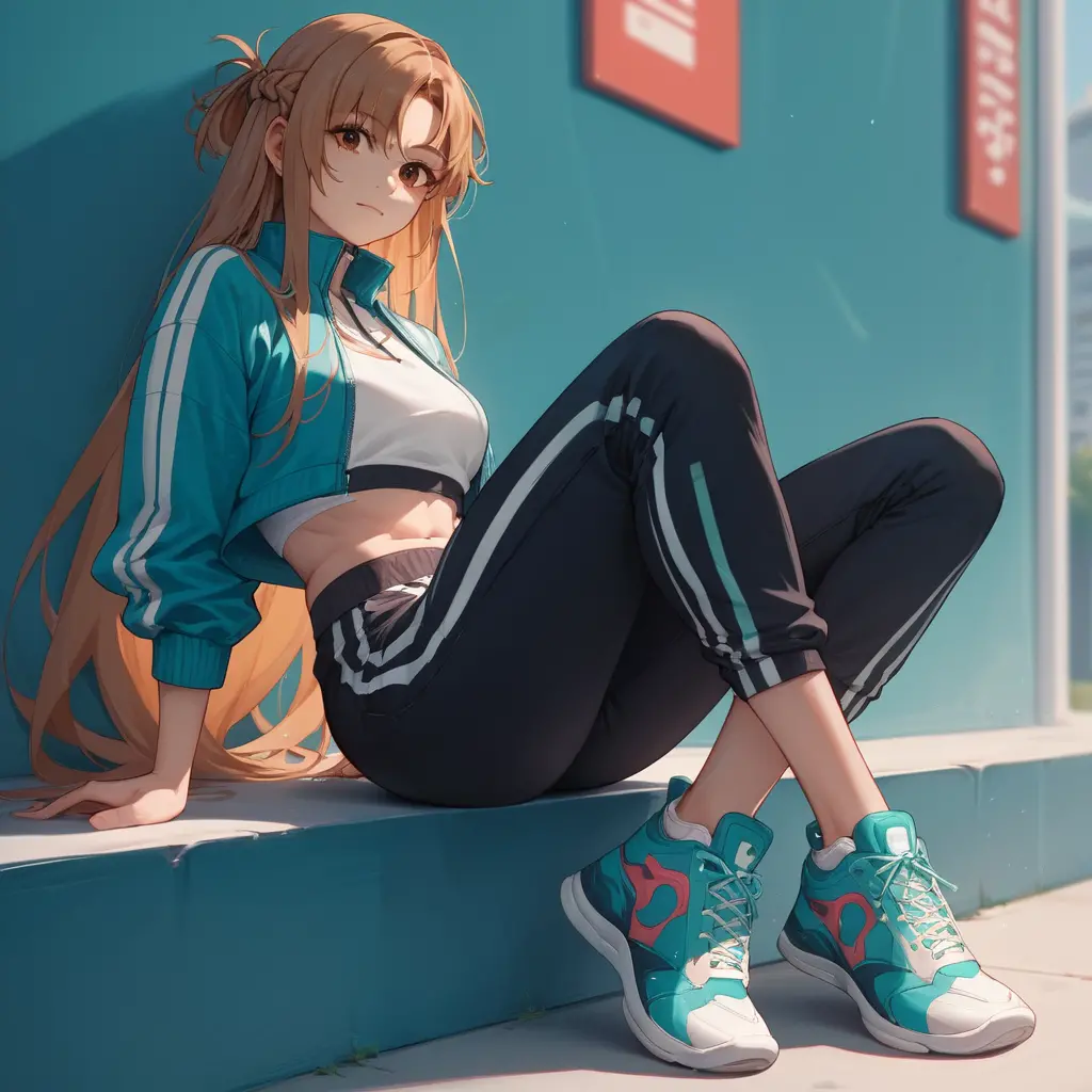 Anime girl in sporty streetwear with cropped jacket