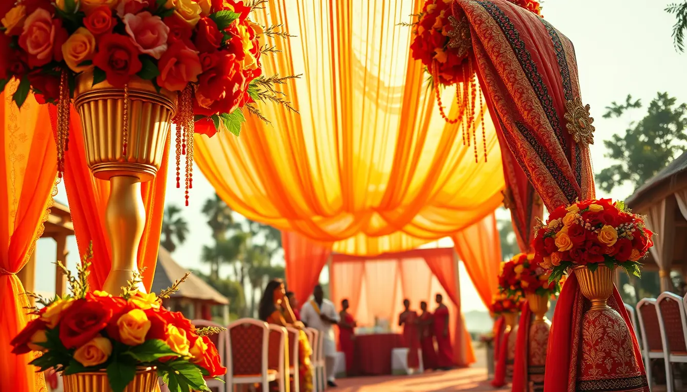 Colorful Nigerian wedding decorations with floral arches