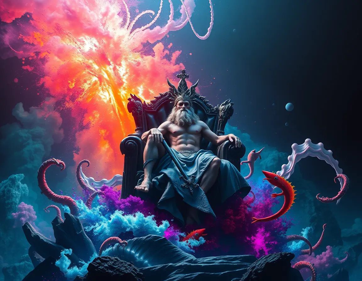 Poseidon On A Dark Throne In A Surreal Underwater Realm