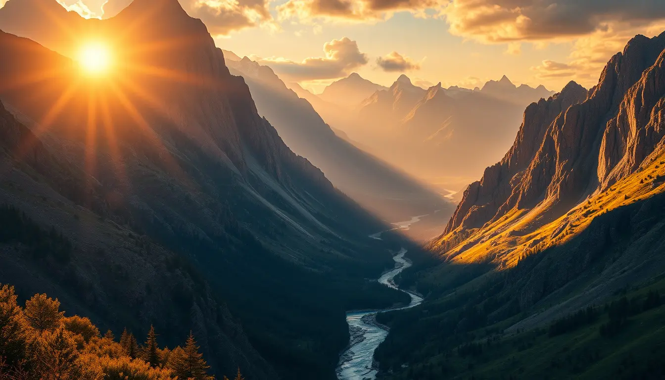 Sunlit mountain valley with river in fantasy landscape