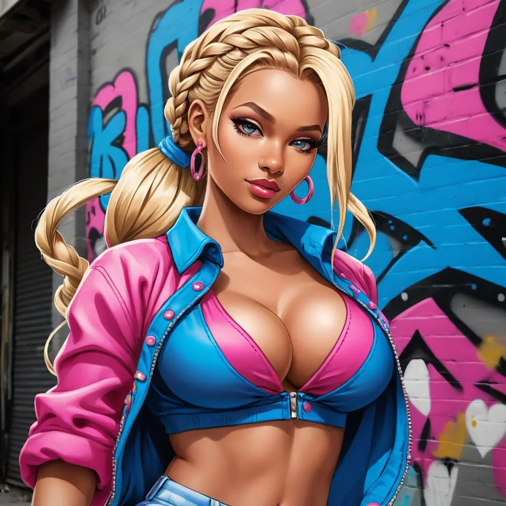 Cartoon graffiti woman with multicolored braids and bold outfit