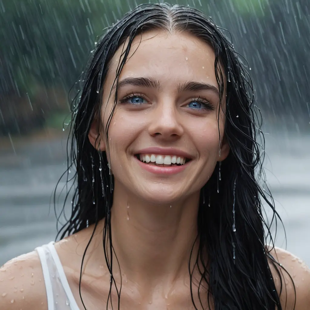 Laughing girl in the rain with wet hair and blue eyes