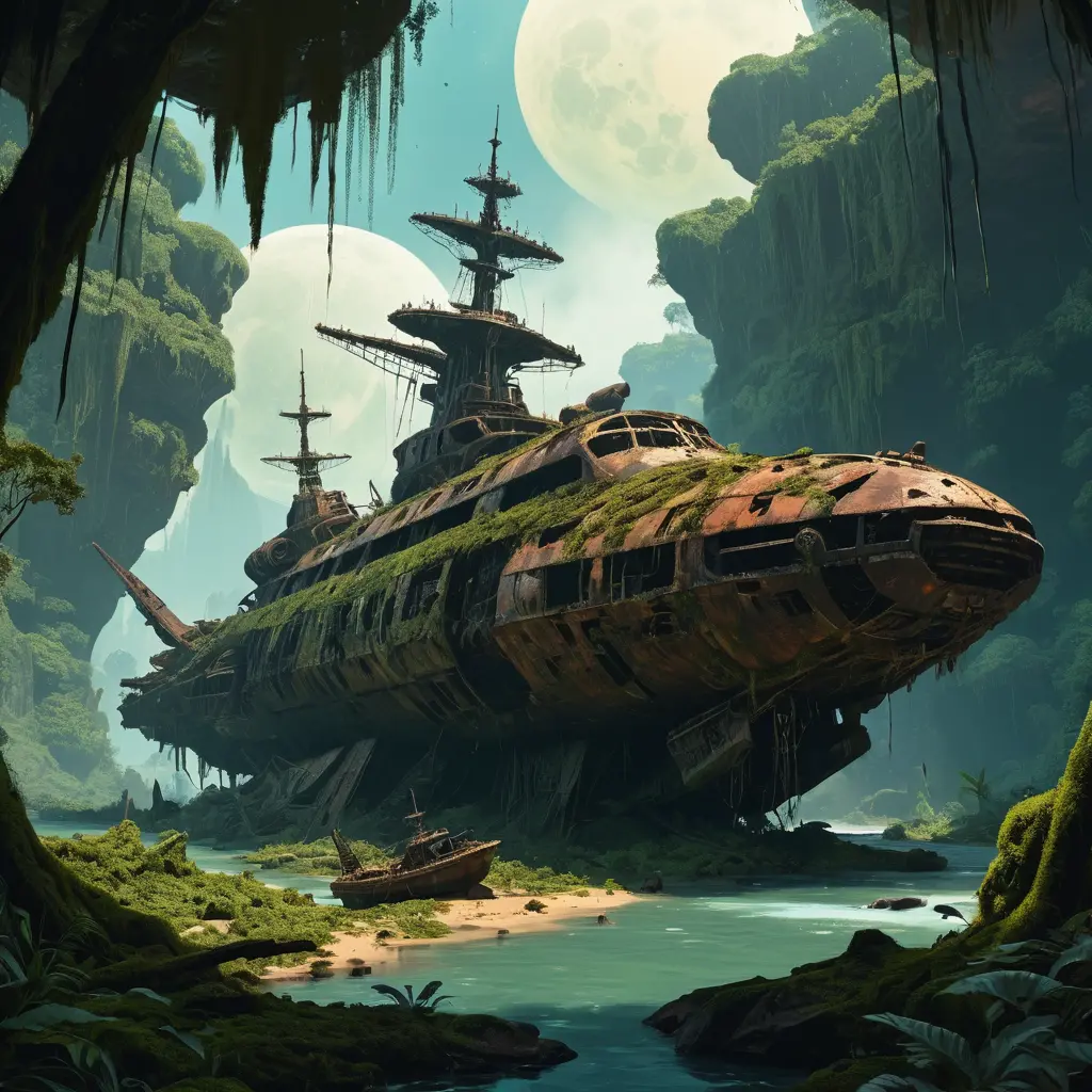 Ancient Wrecked Spaceship In A Lush Alien Jungle