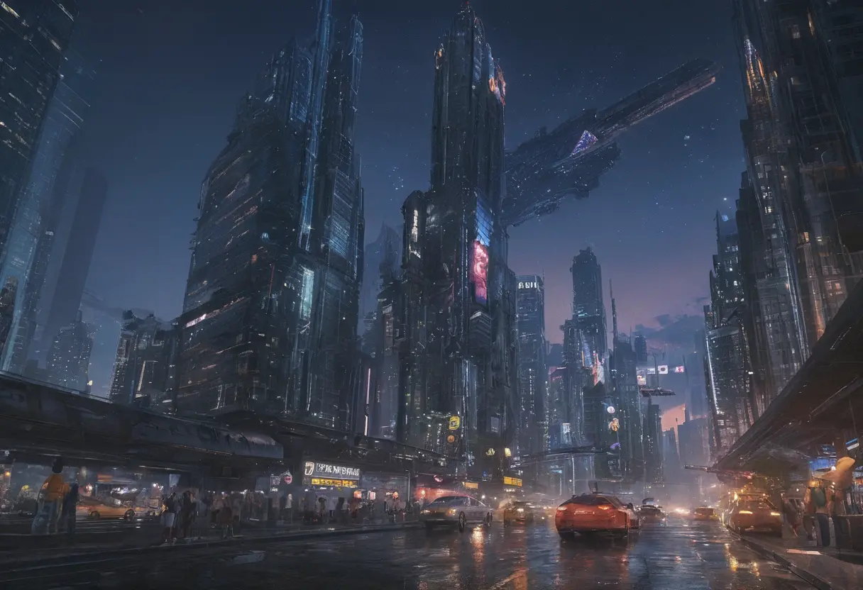 Futuristic neon city skyscrapers at dusk from below