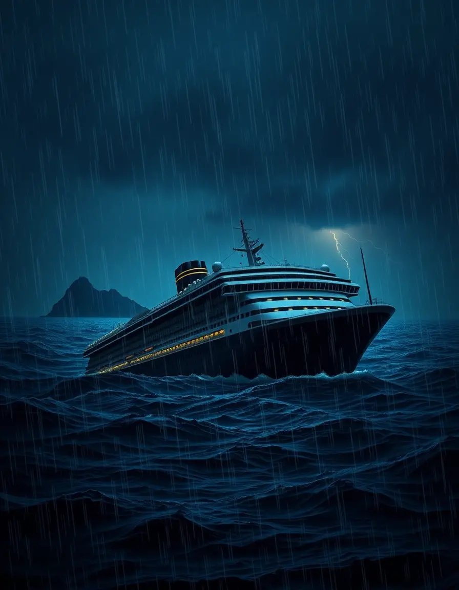 Sinking cruise ship in a dark stormy ocean scene