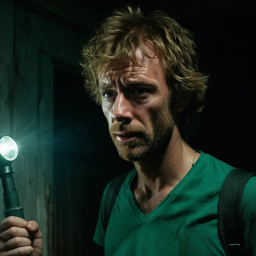 Scared man with flashlight in dark haunted room