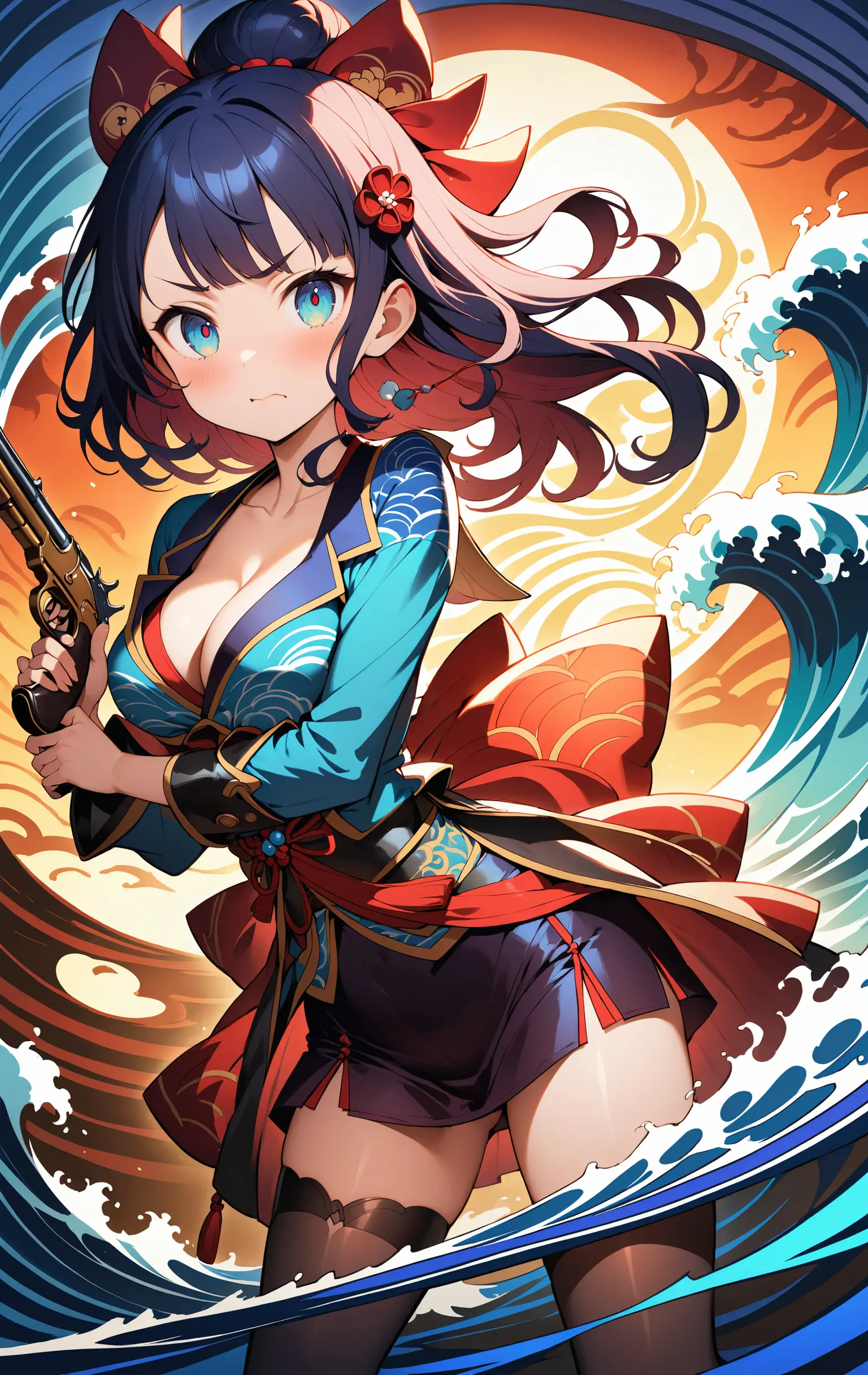 Ukiyo e pirate woman with flintlock pistols in action
