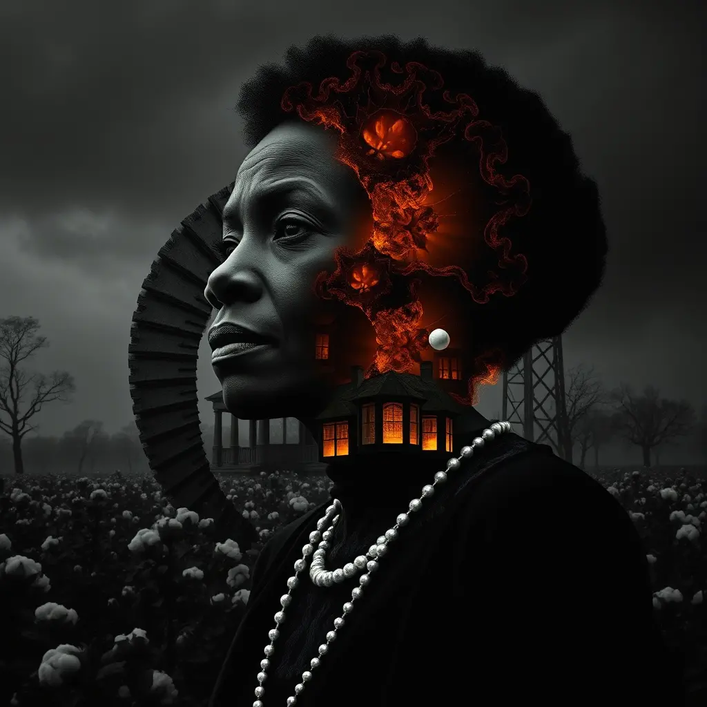 Somber Portrait Of A Woman With Burning Mansion Overlay