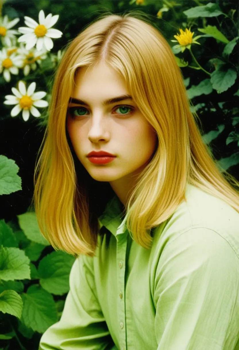 Blonde green eyed girl standing in a garden of flowers