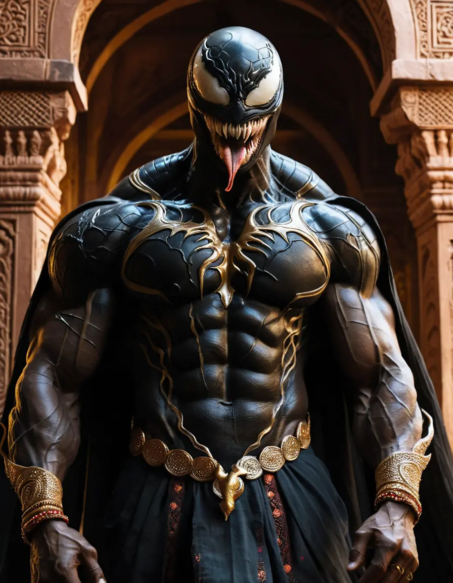 Venom like monster in torn dhoti before ancient temple