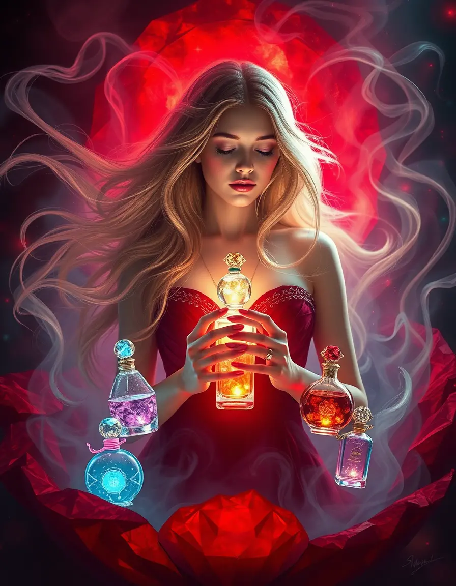 Ethereal Woman Emerging From Ruby With Glowing Perfume Bottles