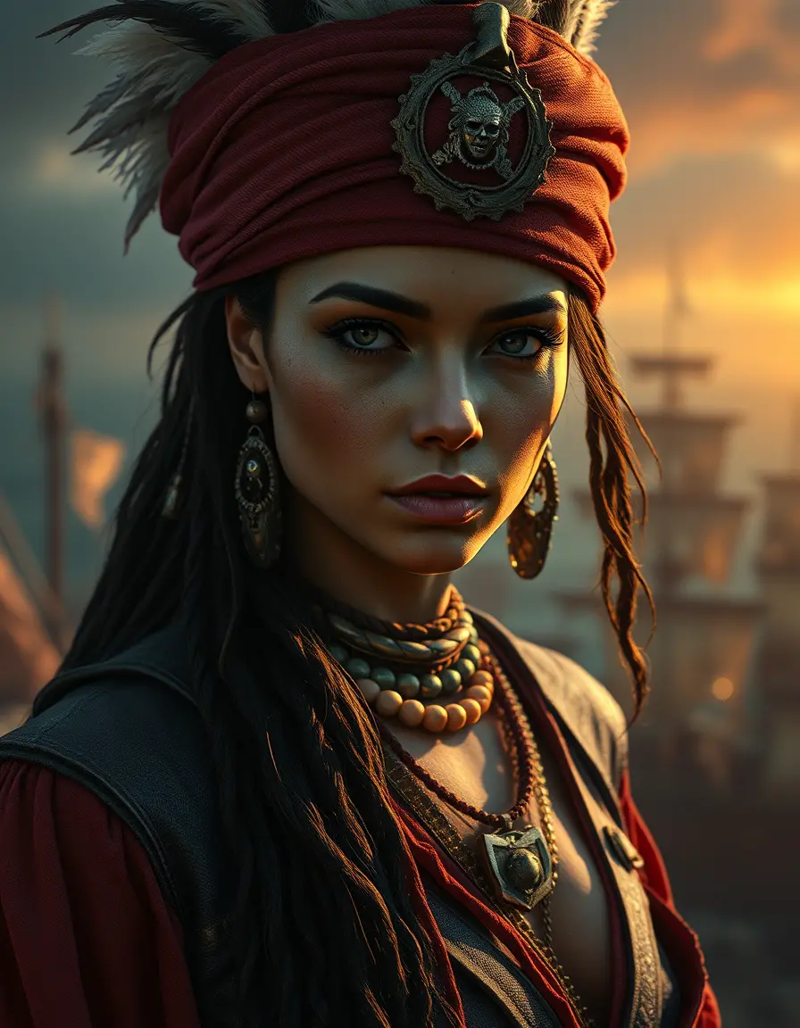 Cinematic sci fi pirate woman in futuristic harbor