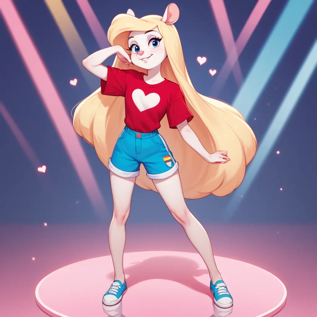Cartoon mink posing on rainbow heart stage with love