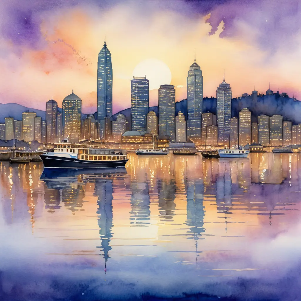 Watercolor view of victoria harbour at tranquil dusk