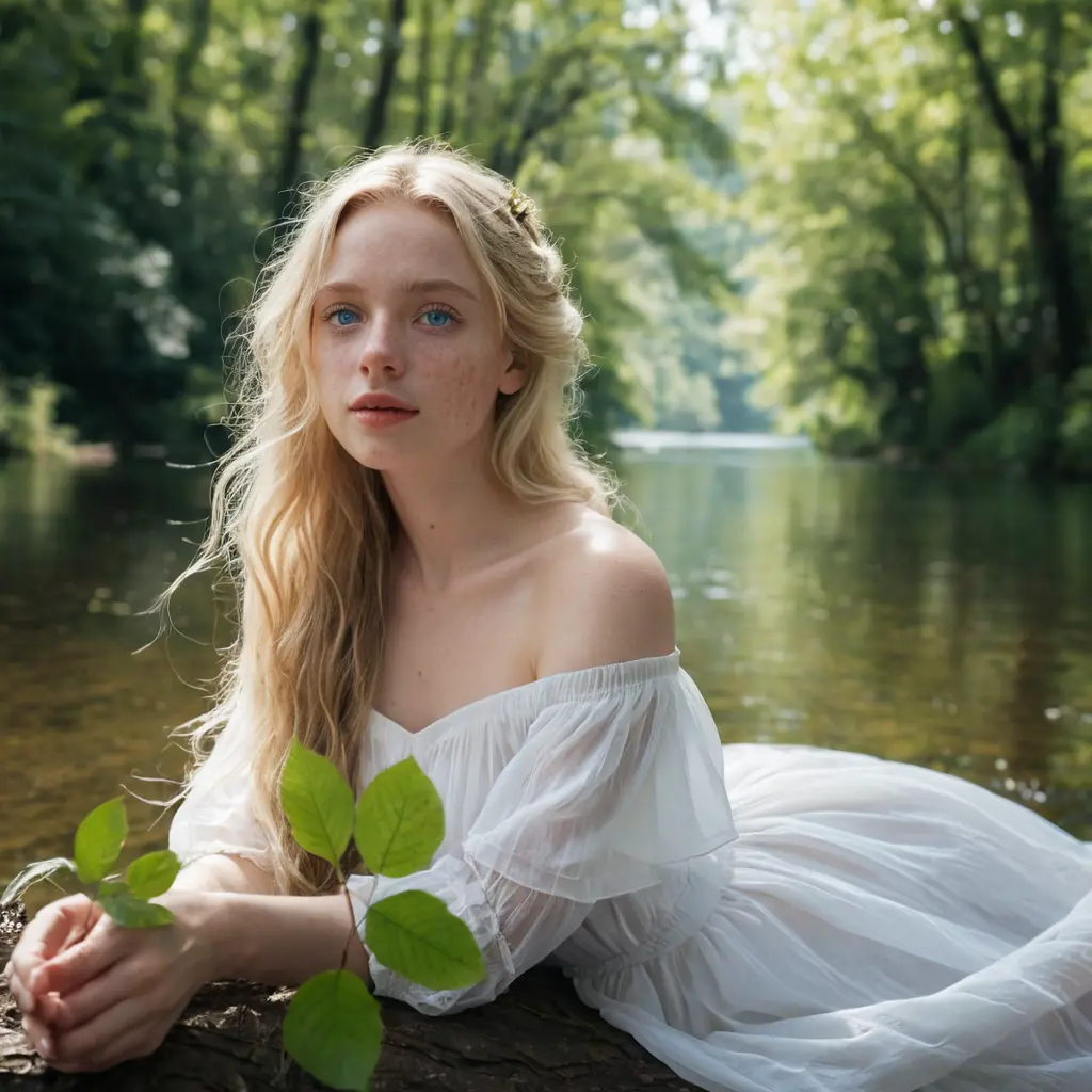 Young girl in white dress by stream in tropical forest